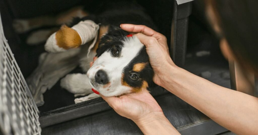 Adult dog showing signs of parvo illness while looking weak and tired.