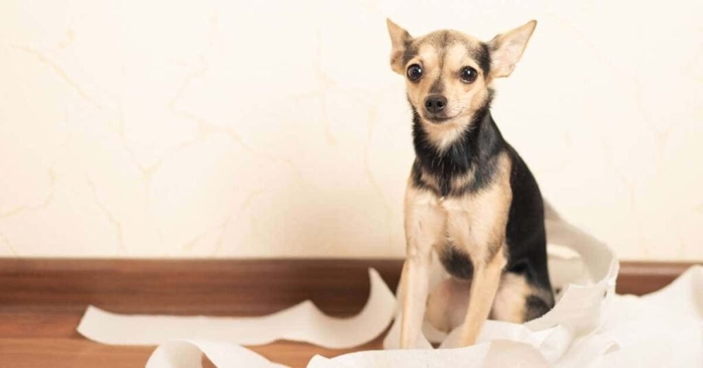 Veterinarian examining a dog at the clinic to diagnose diarrhea.