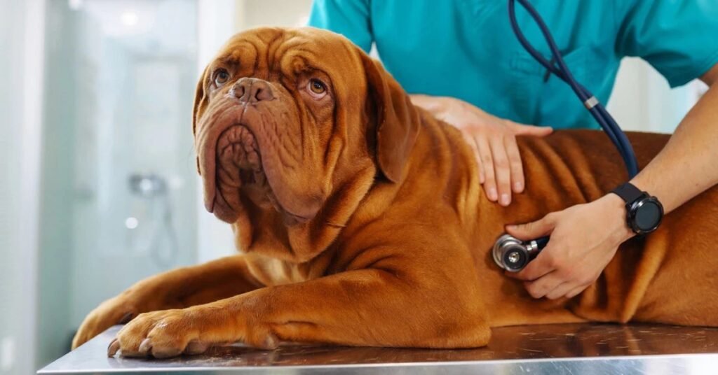 Happy dog at veterinary clinic, highlighting importance of lifetime dog insurance