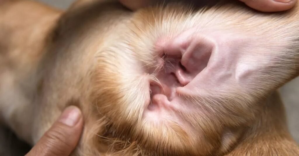 Close-up of inflamed dog ear canal – Shows redness and swelling caused by bacterial or yeast infection.