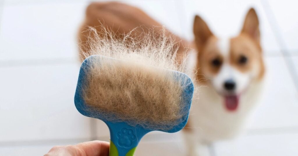 Brushing a dog’s thick coat during peak shedding season