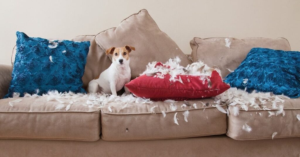 Dog shedding on a couch with loose fur around
