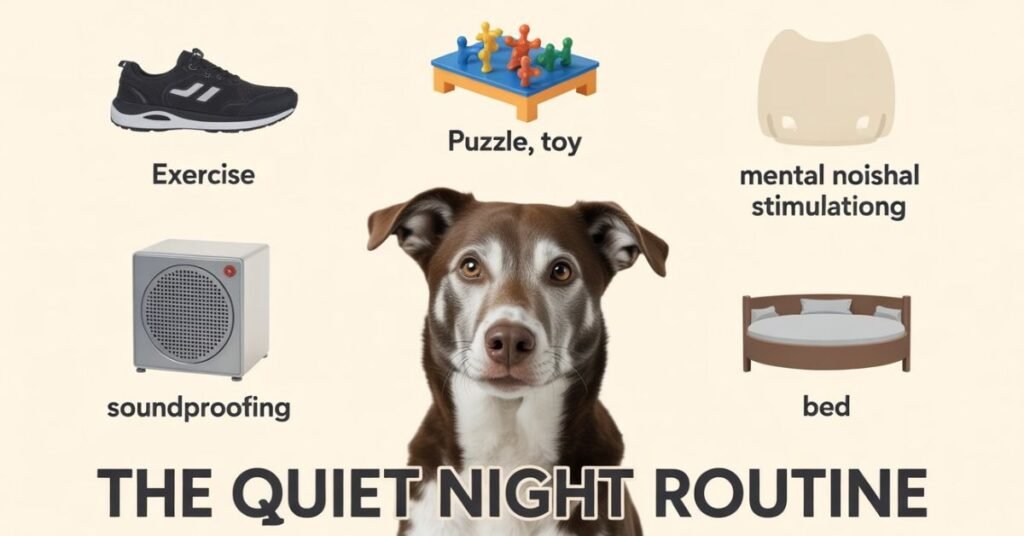 An infographic showing evening exercise, mental puzzles, and a quiet sleeping space for dogs