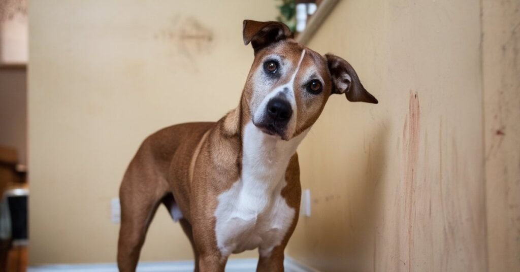 Dog staring blankly at a wall, showing signs of neurological or brain-related issues.