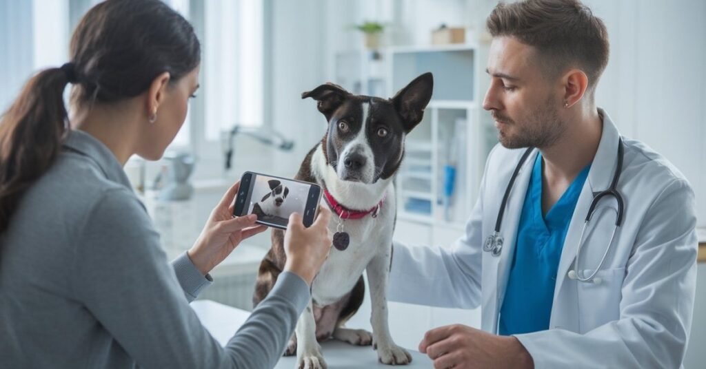 Dog owner showing a video of their dog staring at a wall to a vet during consultation, illustrating pet care.