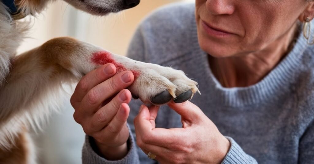 Close-up of a dog's red and irritated paw being carefully checked by the owner.