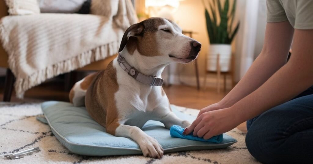 Dog lying on a mat while owner gently cleans its irritated paws with a cloth at home.