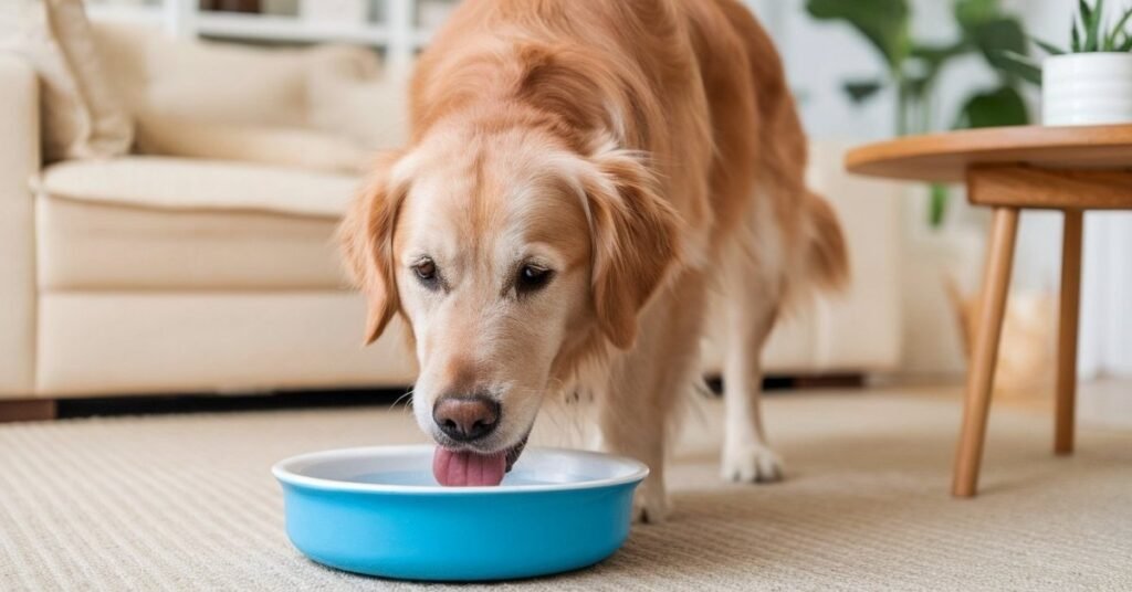 Dog drinking water from a bowl, tongue visible, illustrating proper hydration and tongue care.