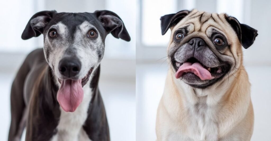 Side-by-side of a Pug and a long-muzzled dog, showing differences in tongue position due to breed.