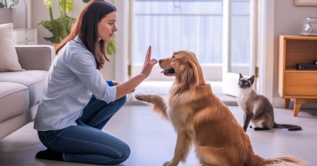 A woman extending her hand to a dog at chest level to perform a 5-second consent test.