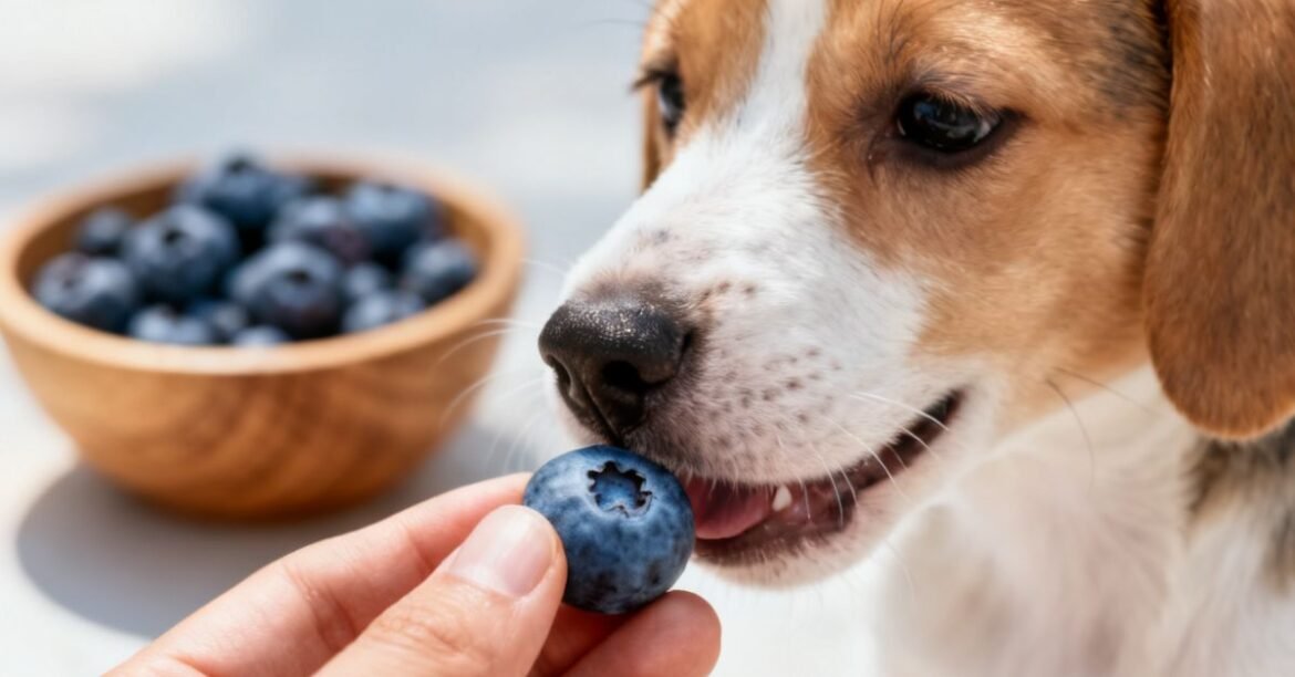 Close-up of a Golden Retriever dog with a bowl of fresh blueberries - safe dog treats.
