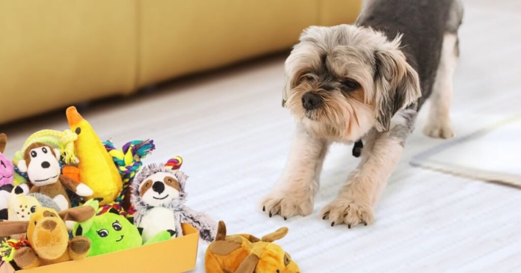 Puppy excitedly biting a colourful squeaky toy