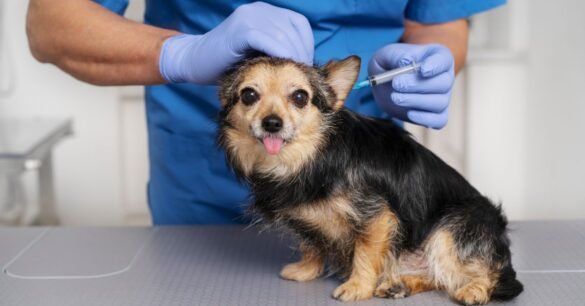 Veterinarian in blue gloves giving Bordetella vaccine injection to a small mixed breed dog on clinic examination table.