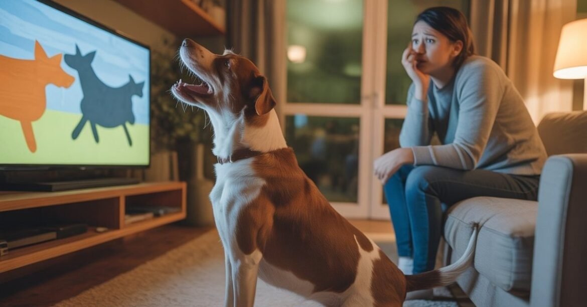 Dog barking at a TV screen while a worried owner sits on the couch at home