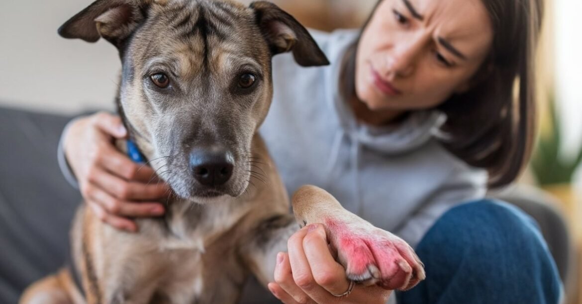 Worried dog owner gently examining their dog's red, irritated paws at home.