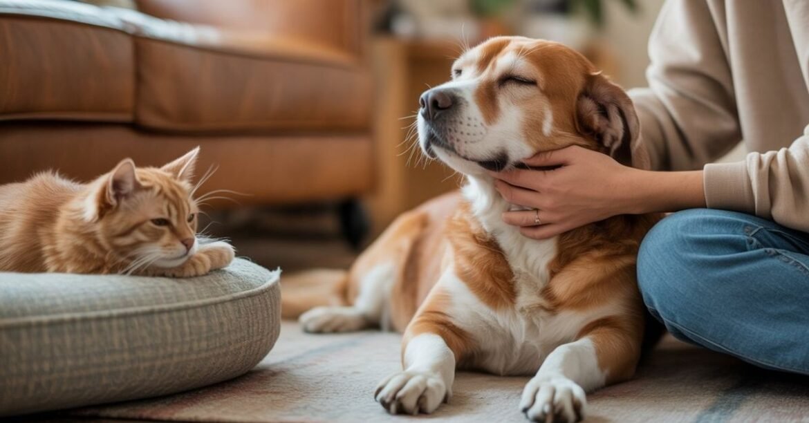 A happy dog being petted under the chin by its owner in a peaceful home with a cat nearby.