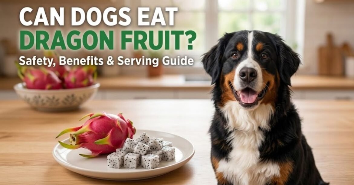 A Bernese Mountain Dog sitting in a kitchen next to a plate of sliced white dragon fruit and a whole pink dragon fruit, with the text "Can Dogs Eat Dragon Fruit?" overlaid