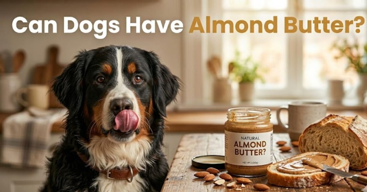 Un perro boyero de Berna lamiéndose la nariz frente a un frasco de mantequilla de almendras natural, almendras sueltas y una rebanada de pan sobre una mesa de madera en una cocina acogedora.