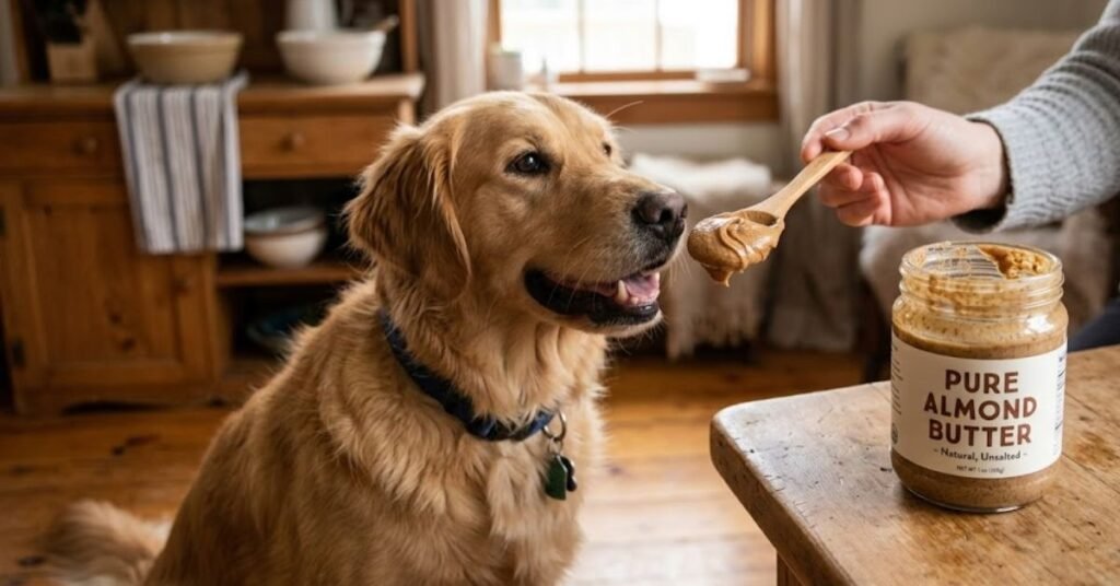 A Golden Retriever is intently watching and licking a spoon of natural, unsalted almond butter being offered by its owner, next to a labeled jar of "Pure Almond Butter."