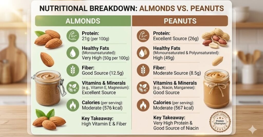 Nutritional comparison infographic titled "Almonds vs. Peanuts" showing a breakdown of protein, healthy fats, fiber, vitamins, and calories between almond butter and peanut butter for dogs.