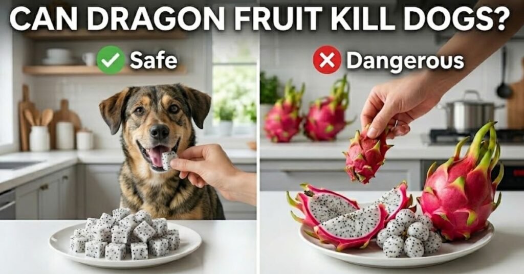 A split-screen image titled "Can Dragon Fruit Kill Dogs?" showing a dog eating peeled white dragon fruit cubes labeled "Safe" on the left, and a hand holding a whole unpeeled dragon fruit labeled "Dangerous" on the right.