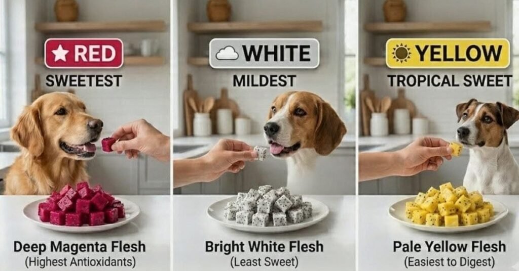 A three-panel comparison showing different types of dragon fruit for dogs: Red (sweetest, highest antioxidants), White (mildest, least sweet), and Yellow (tropical sweet, easiest to digest), each paired with a dog being fed a cube.